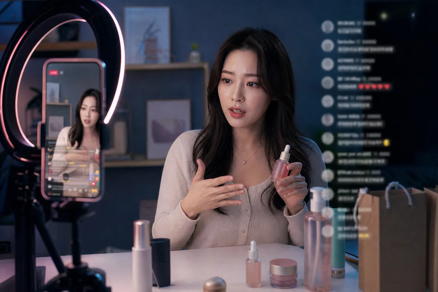 라이브 방송 중 밀려드는 채팅을 동시에 챙기는 셀러